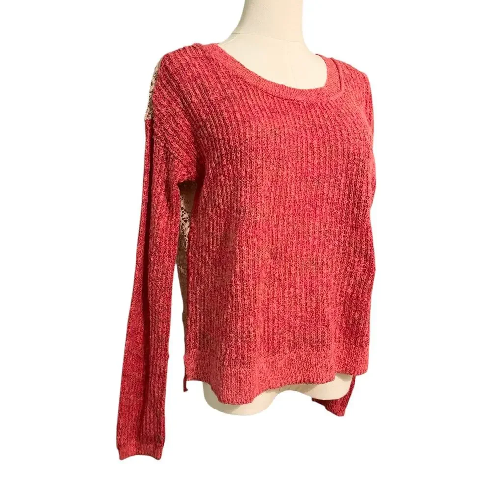Free People Sweet Jane Crochet Back Pink Strawberry Sweater Oversized Boho Small